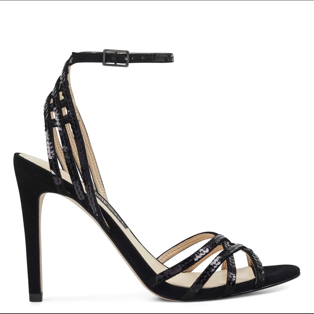 Nine West Ivonne Women Black Ankle Strap Sequins 4” Heels size 5 - Picture 2 of 8